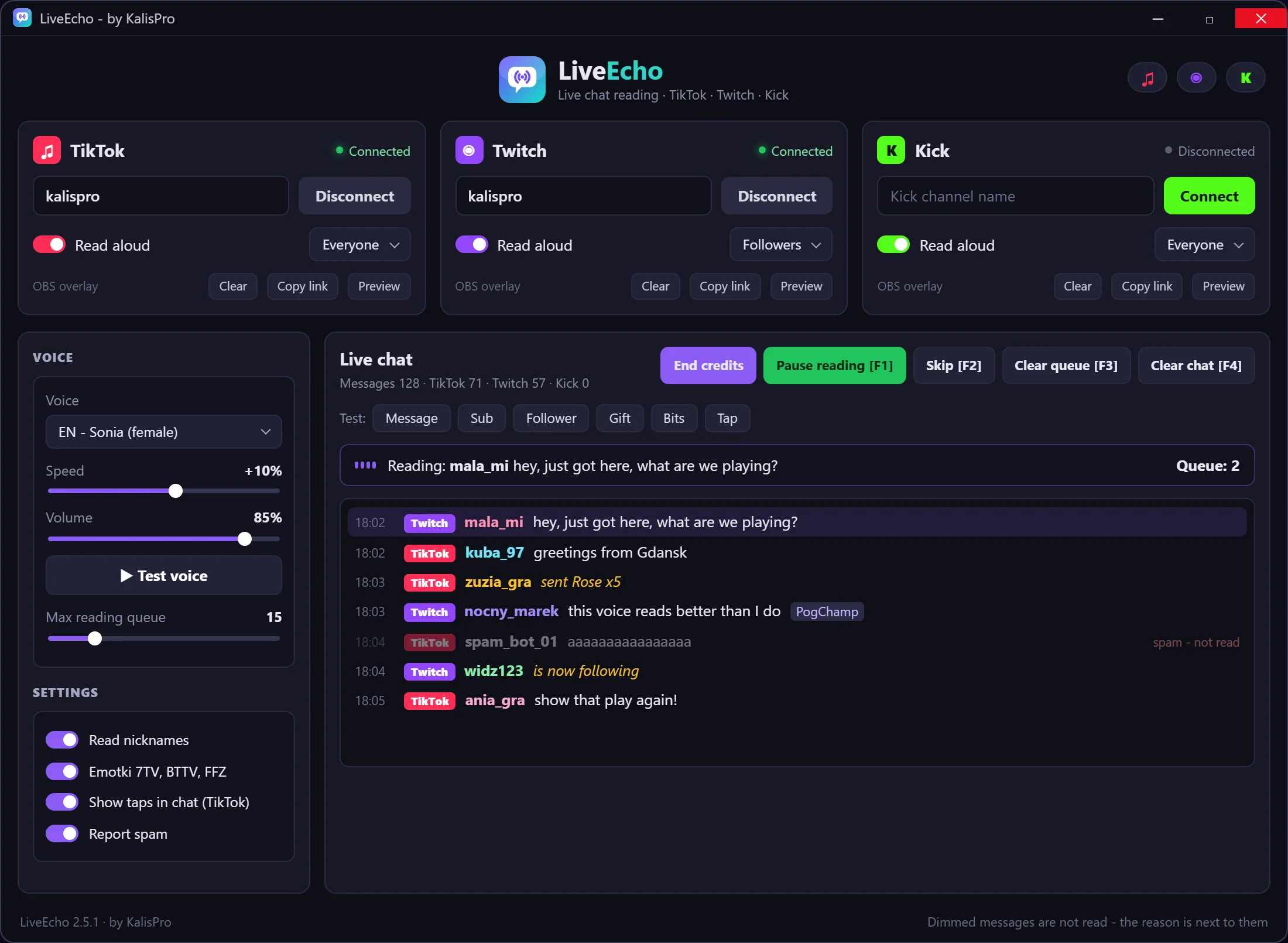 The LiveEcho window with the End credits button